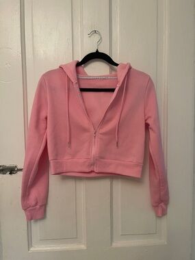 Pink Cropped Hoodie Jacket - Women's Zip Front